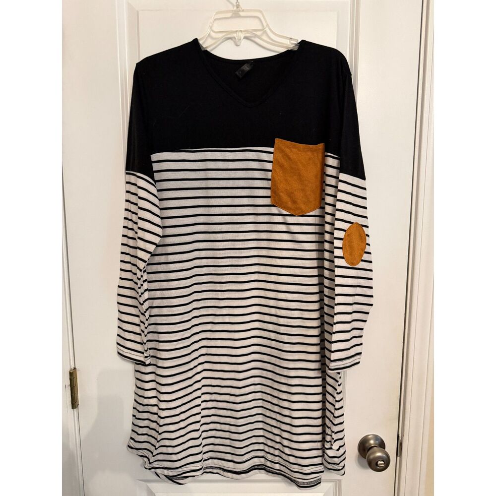 Women’s Black & White Striped Tunic Dress with Faux Suede Pocket & Patches-1XL